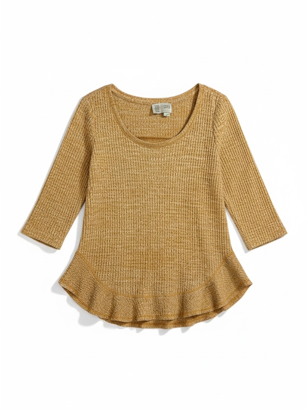 4/$20 Anthropologie Saturday Sunday Wendy Waffle Knit Top Mustard Ruffle Hem M - Picture 3 of 7
